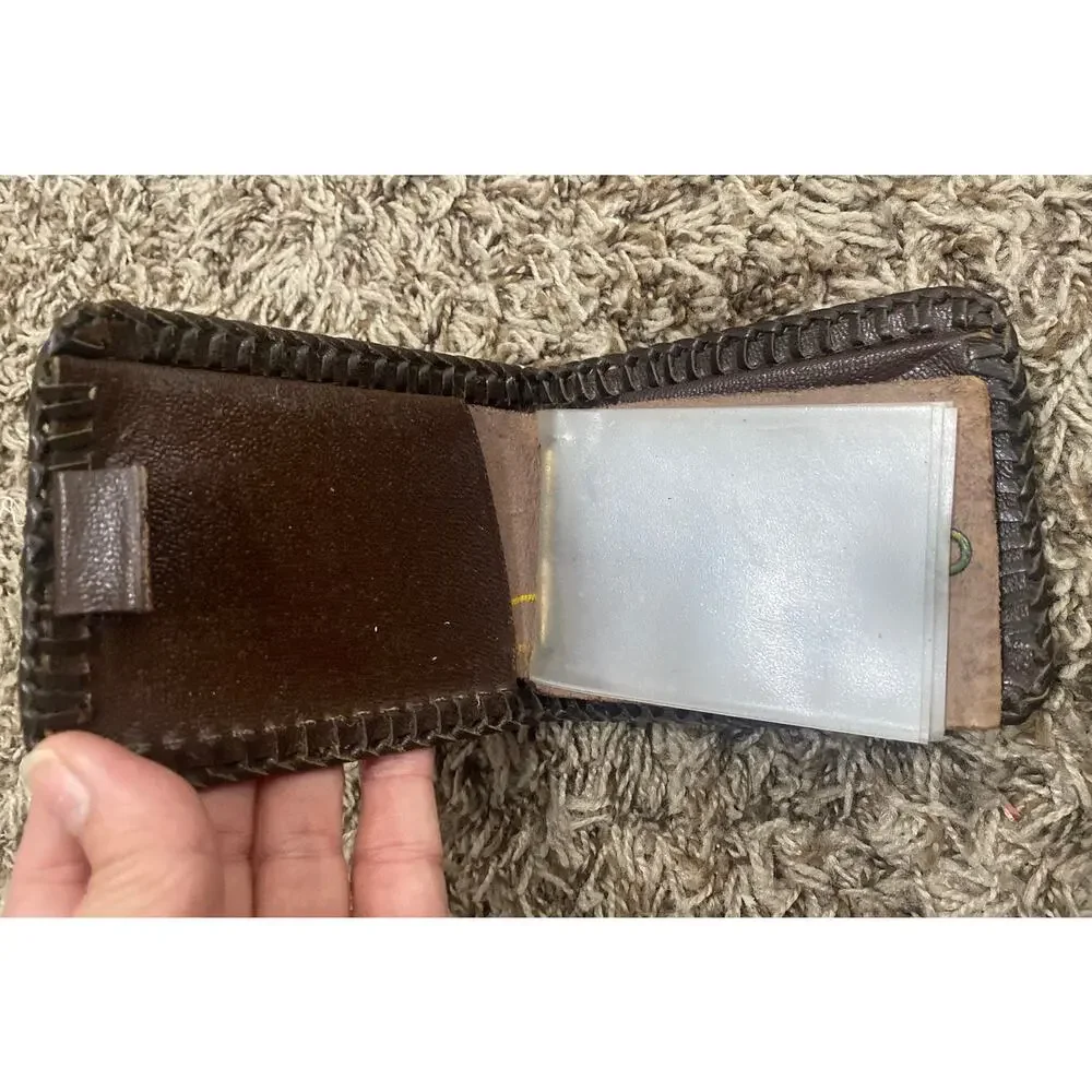 Vtg Pacific Eagle USA Tooled Leather Wallet Bifold Horse & Oak Leaves Laced Edg